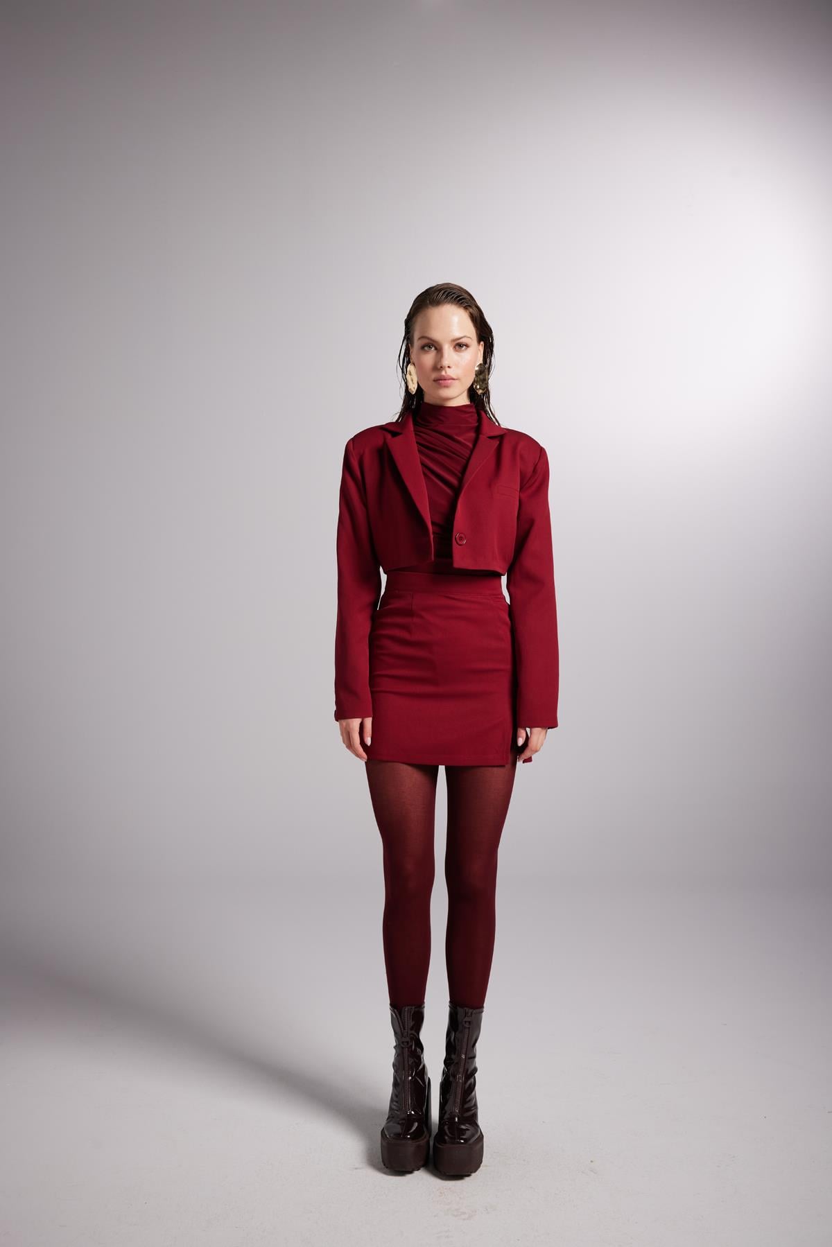 Yırtmaçlı Mini Panky Etek Bordo