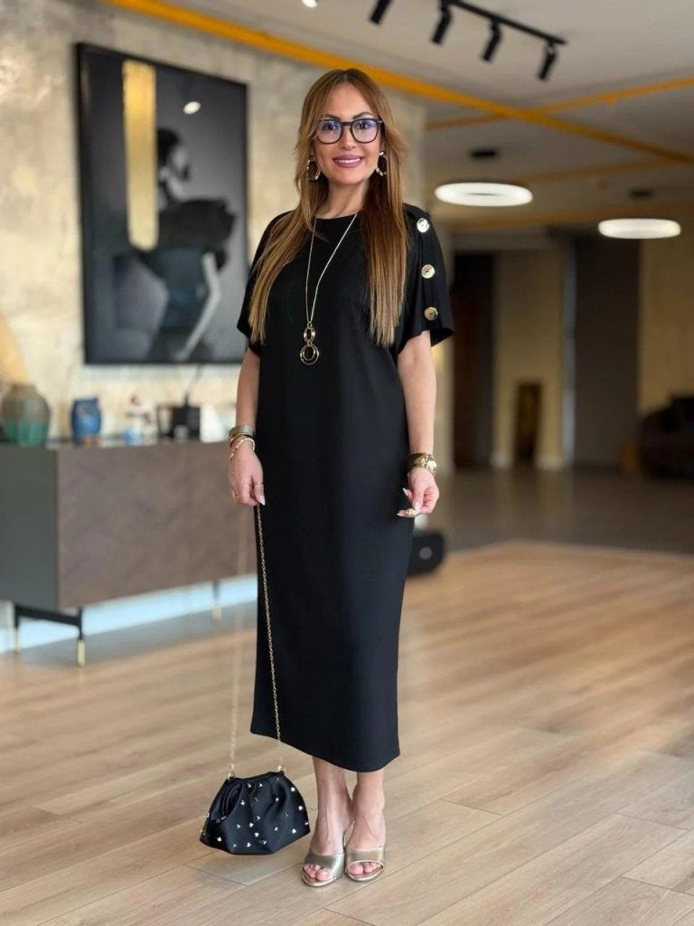 Women's Short Sleeve Crew Neck Shoulder Button Long Viscose Double Thread Dress