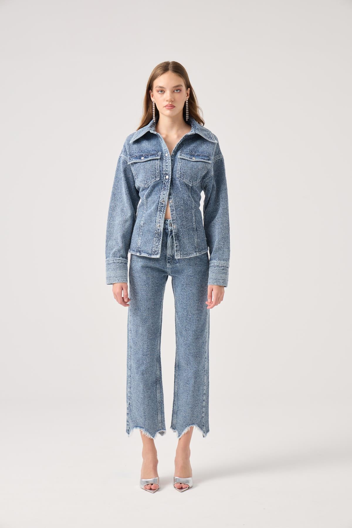 Özel Kumaş Efektli Laura Jean Pantolon Mavi