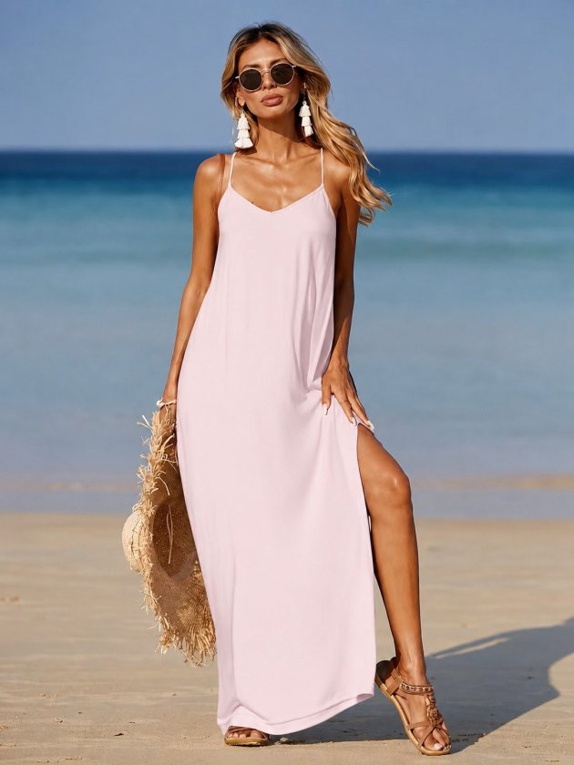 Women's Strap V-Neck Back Cross Detail Slit Long Viscose Dress