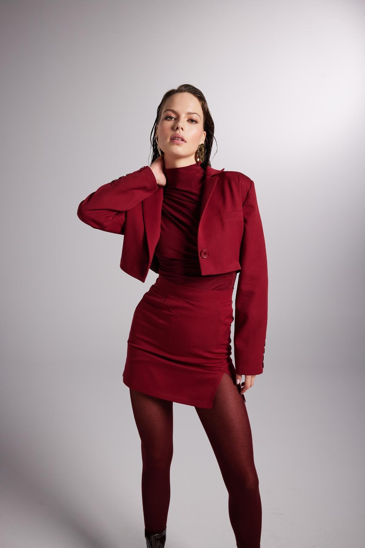 Yırtmaçlı Mini Panky Etek Bordo Bordo L