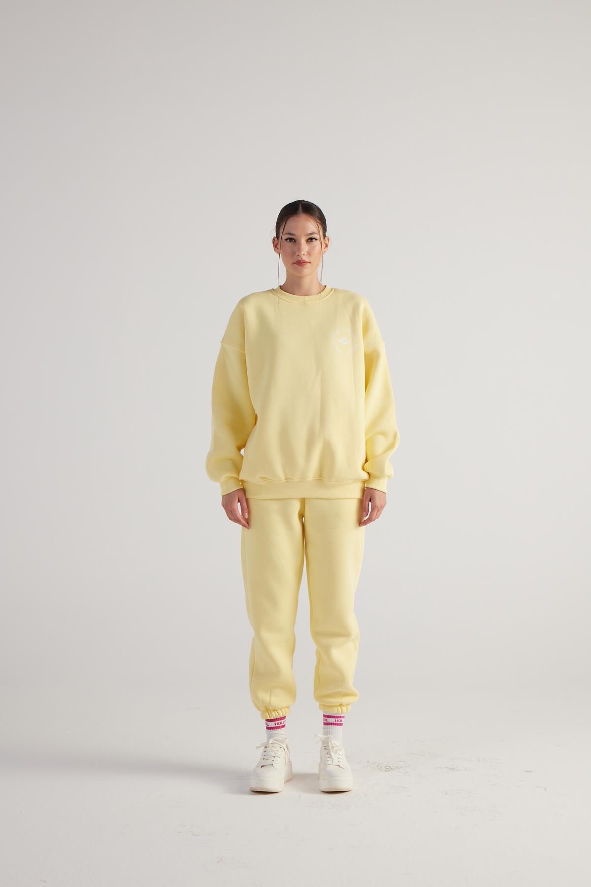 3 İplik Şardonlu Uzun Kol Bisiklet Yaka Fine Sweatshirt Sarı