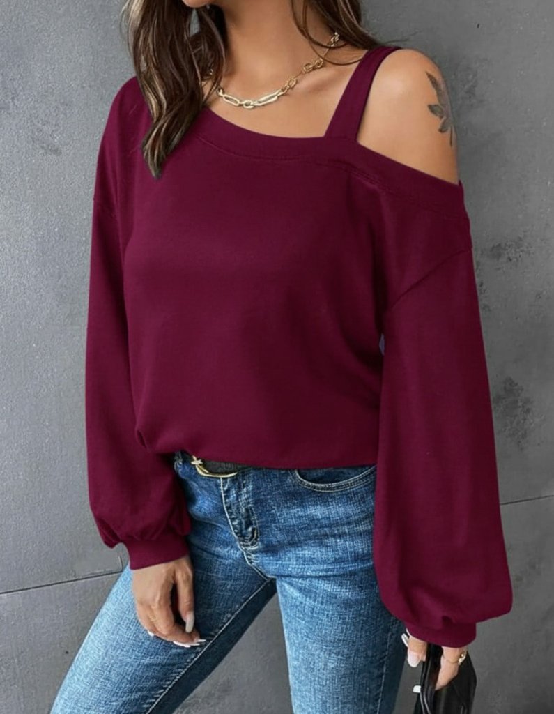 Kadın Uzun Kollu Tek Omuz Askı Detay Salaş Dalgıç Bluz