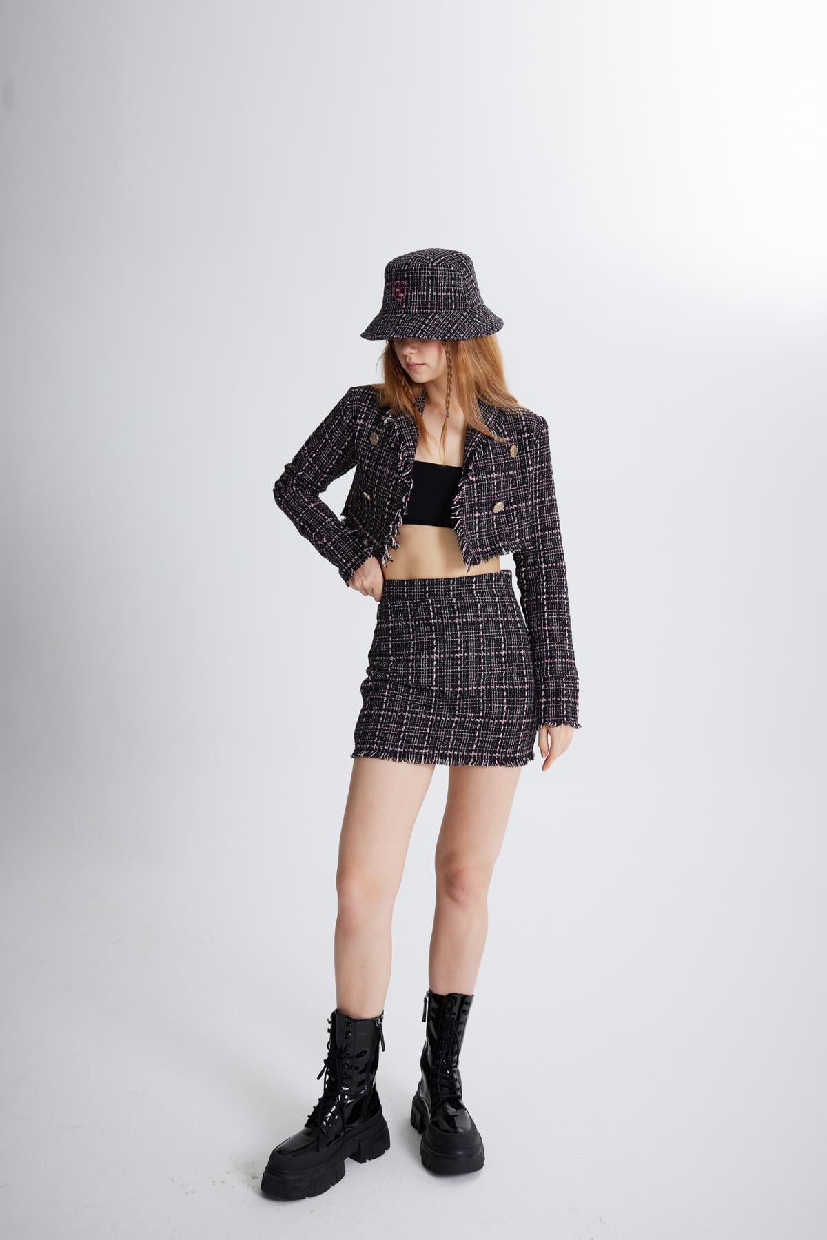 Tüvit Kumaş Crop Tweed Ceket Siyah