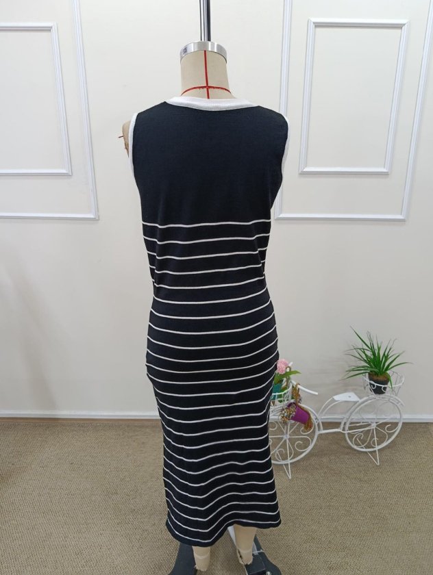 Women's Sleeveless Round Neck Blouse with Strap Detail and Slit Midi Knit Dress
