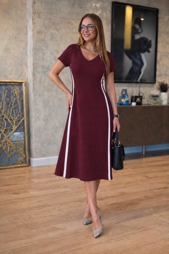 Women's Short Sleeve V-Neck Side Stripe Detail Viscose Double Thread Midi Dress