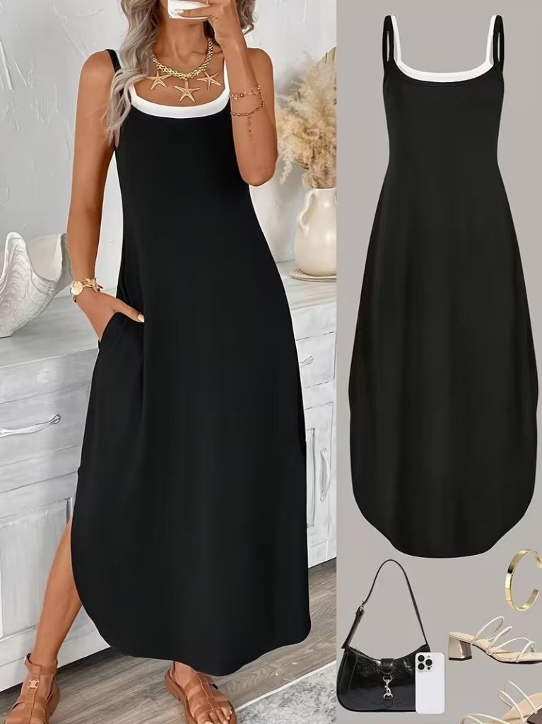 Women's Spaghetti Strap Round Neck Pocket Long Viscose Dress