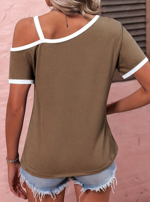 Women's Short Sleeve One Shoulder Strap Buckle Detail Viscose Blouse