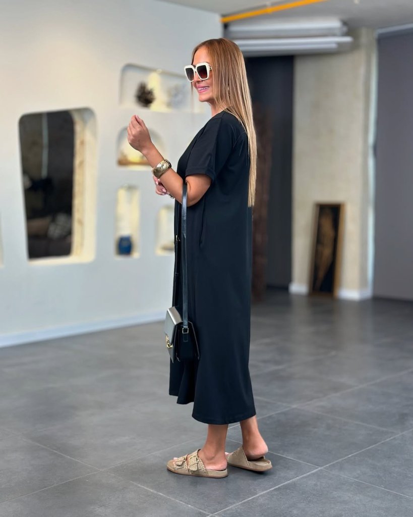 Women's Short Sleeve V Neck Long Dress with Pocket Detail, Viscose Double Yarn