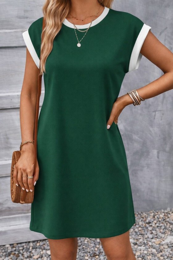 Women's Short Sleeve Round Neck Contrast Cuff Detailed Short Ruffle Crepe Dress