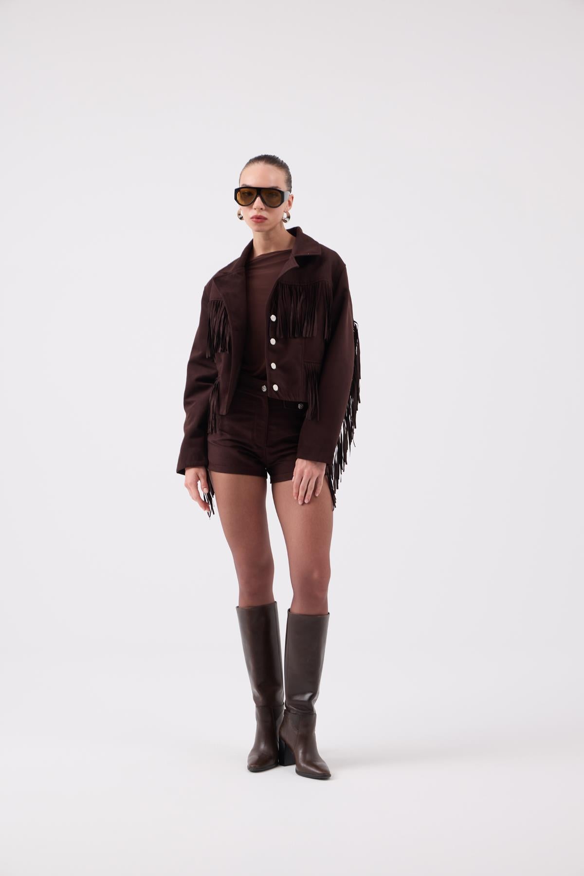 Püskül Detaylı Valeri Süet Ceket Kahve