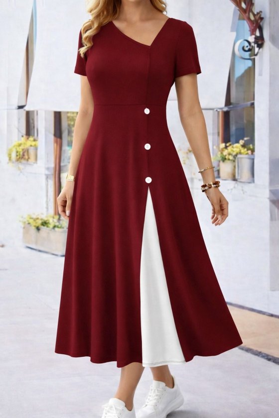 Women's Short Sleeve Asymmetric Collar Button Detail Midi Viscose Dress
