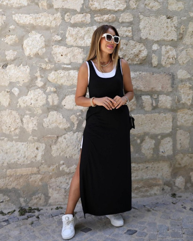Women's Strappy Round Neck Pocket Slit Detailed Viscose Dress and Tank Top Two-Piece Set