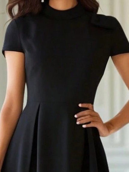 Women's Short Sleeve Half Turtleneck Pleated Ruffled Crepe Midi Dress