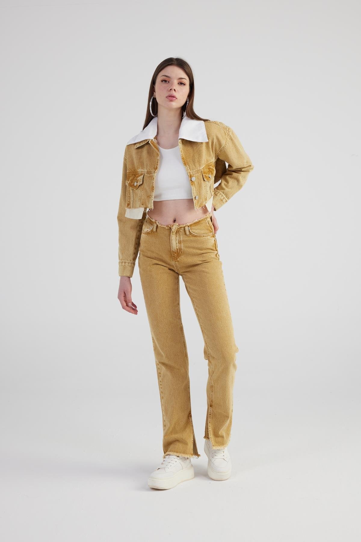 Mermer Desenli Kırçıl Detaylı Straight Kesim Paça Yırtmaçlı Rusted Jean Pantolon Camel Camel L / 30