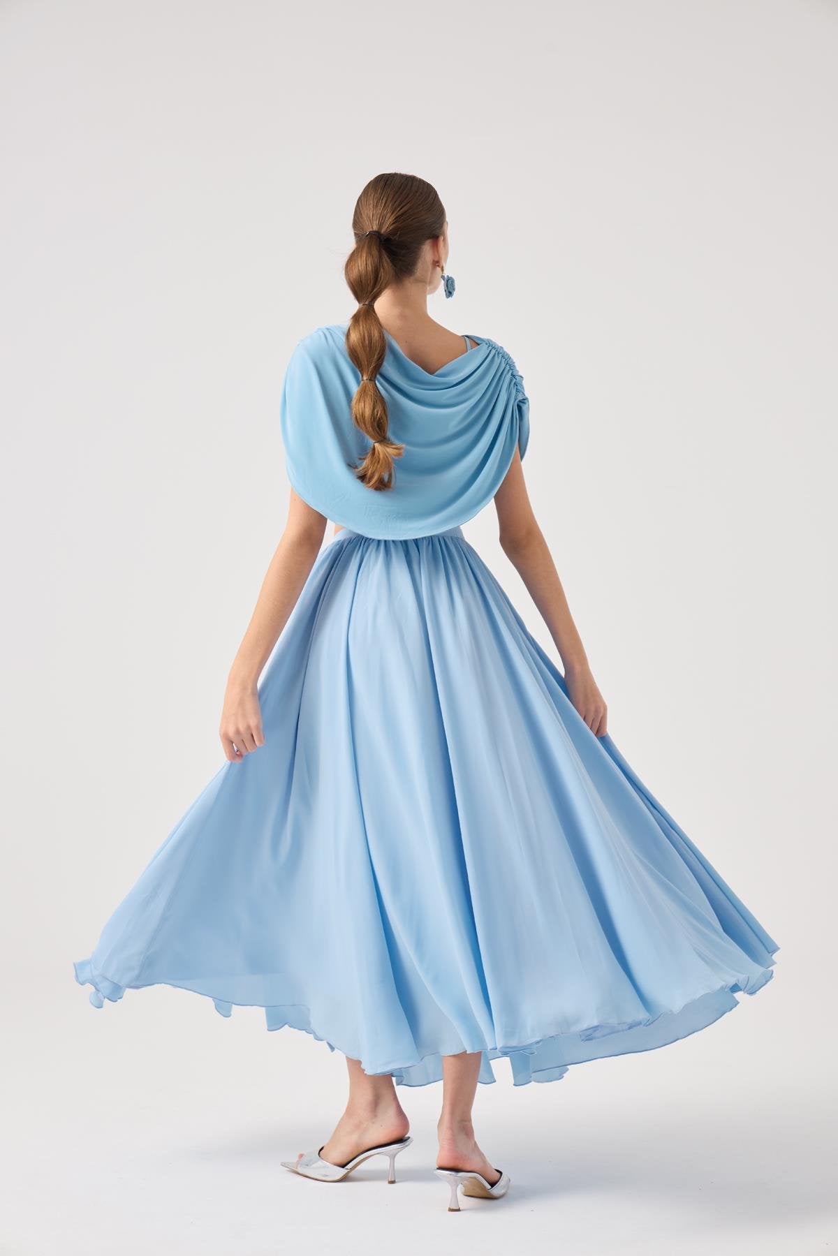 Şifon Etekli Pelerin Bluz Büstiyer 3 lü Alanna Takım Mavi