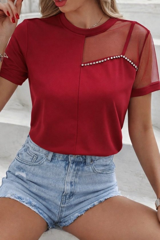 Women's Short Sleeve Tulle Detail Beaded Ruffled Crepe Blouse