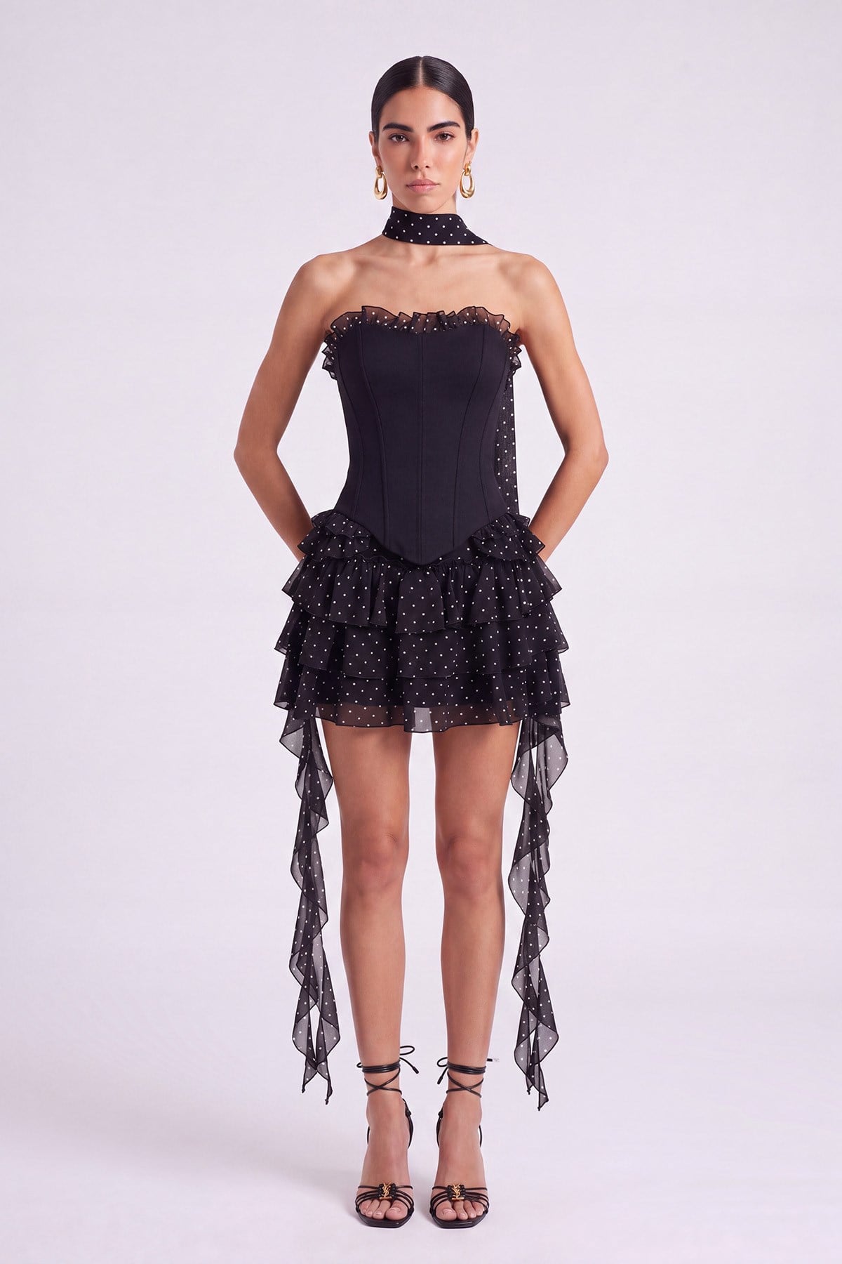 Puantiyeli Fırfır Detaylı Una Şort Etek Siyah
