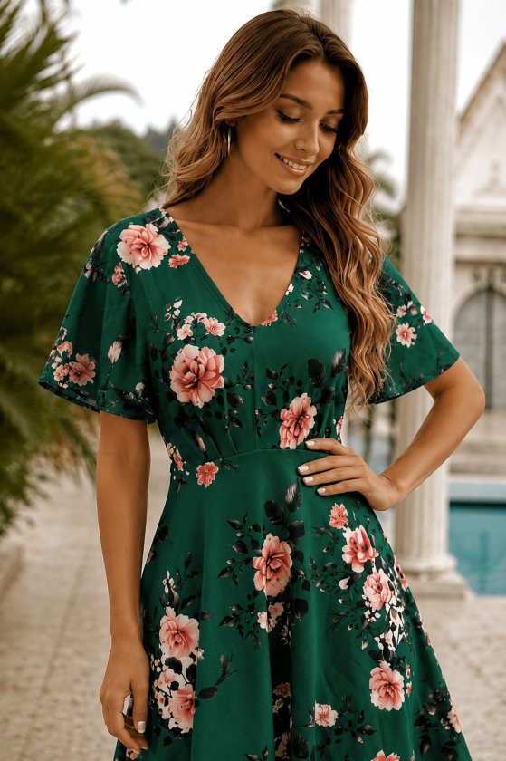 Women's Short Sleeve V Neck Patterned Short Supreme Dress