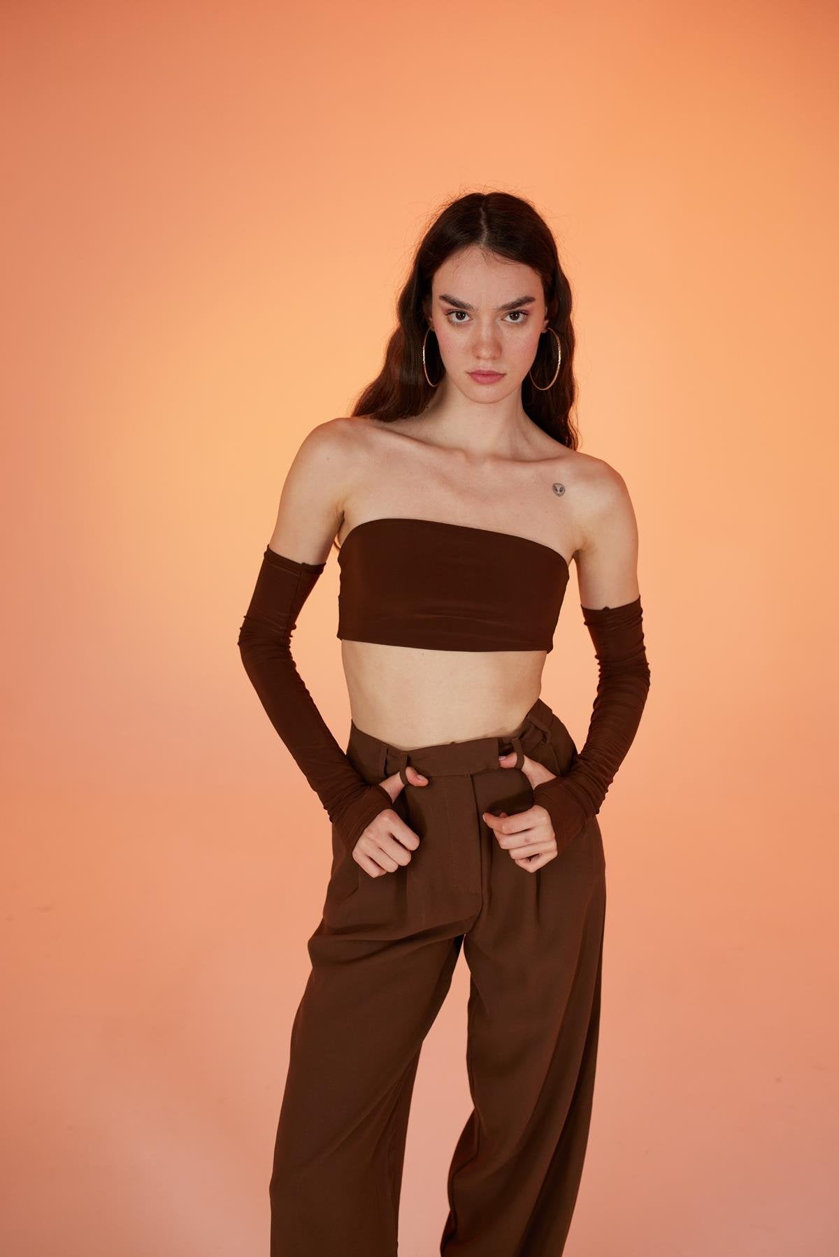 Straplez Model Kol Detaylı Noir Bluz Kahverengi Kahve L