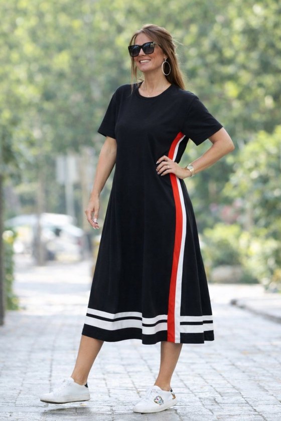 Women's Short Sleeve Crew Neck Side Stripe Detail Midi Viscose Dress