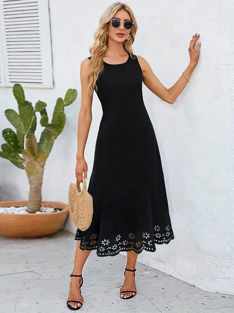 Women's Sleeveless Laser-Cut Hem Floral Pattern Midi Ruffled Crepe Dress