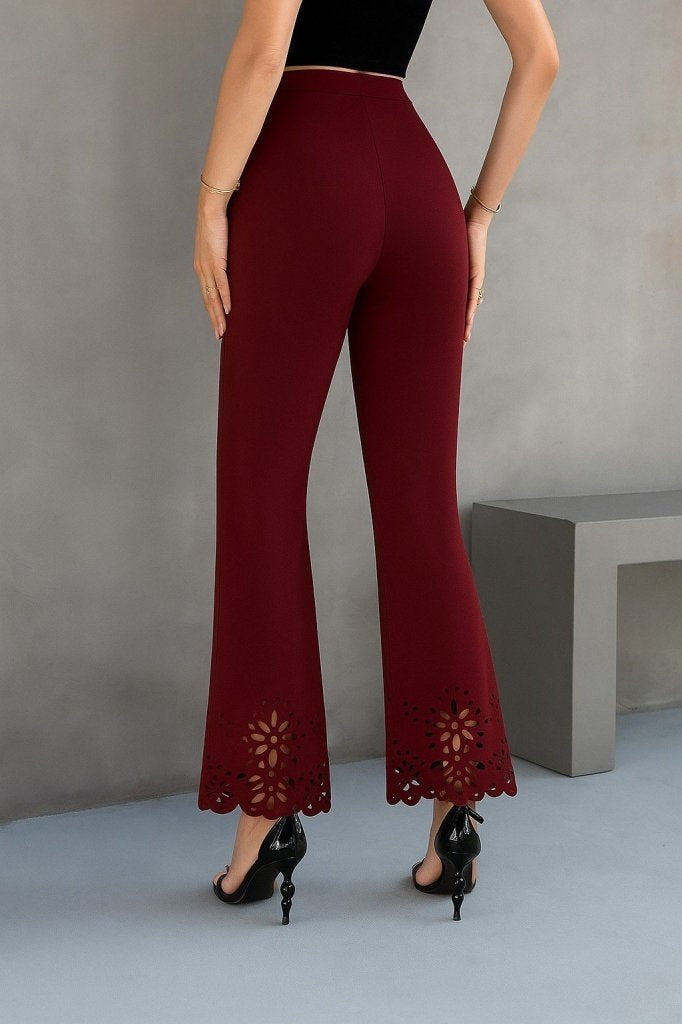 Women's High Waist Flared Laser Flower Cut Detailed Imported Crepe Pants