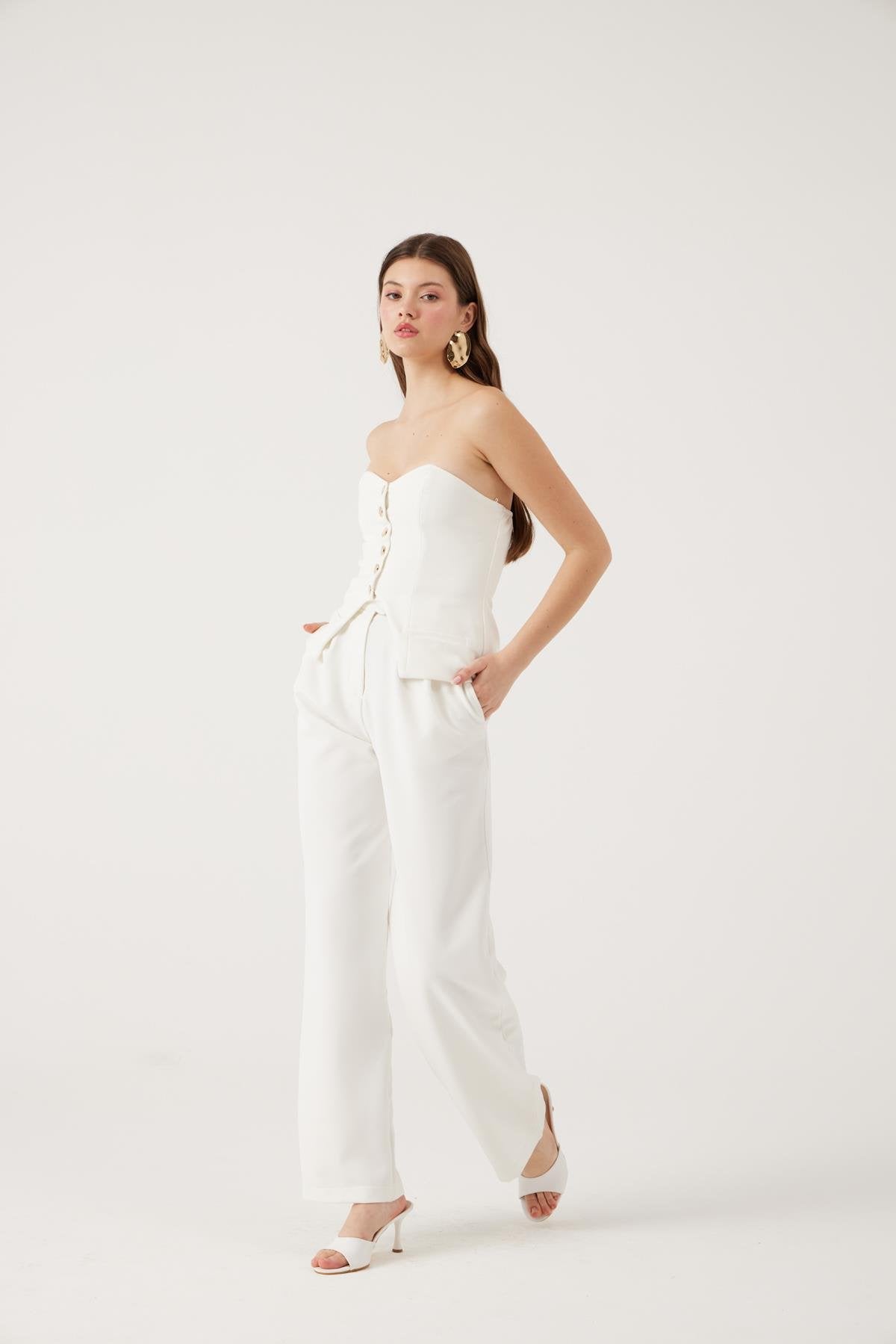 Palazzo Kesim Geniş Paça Harvey Pantolon Beyaz