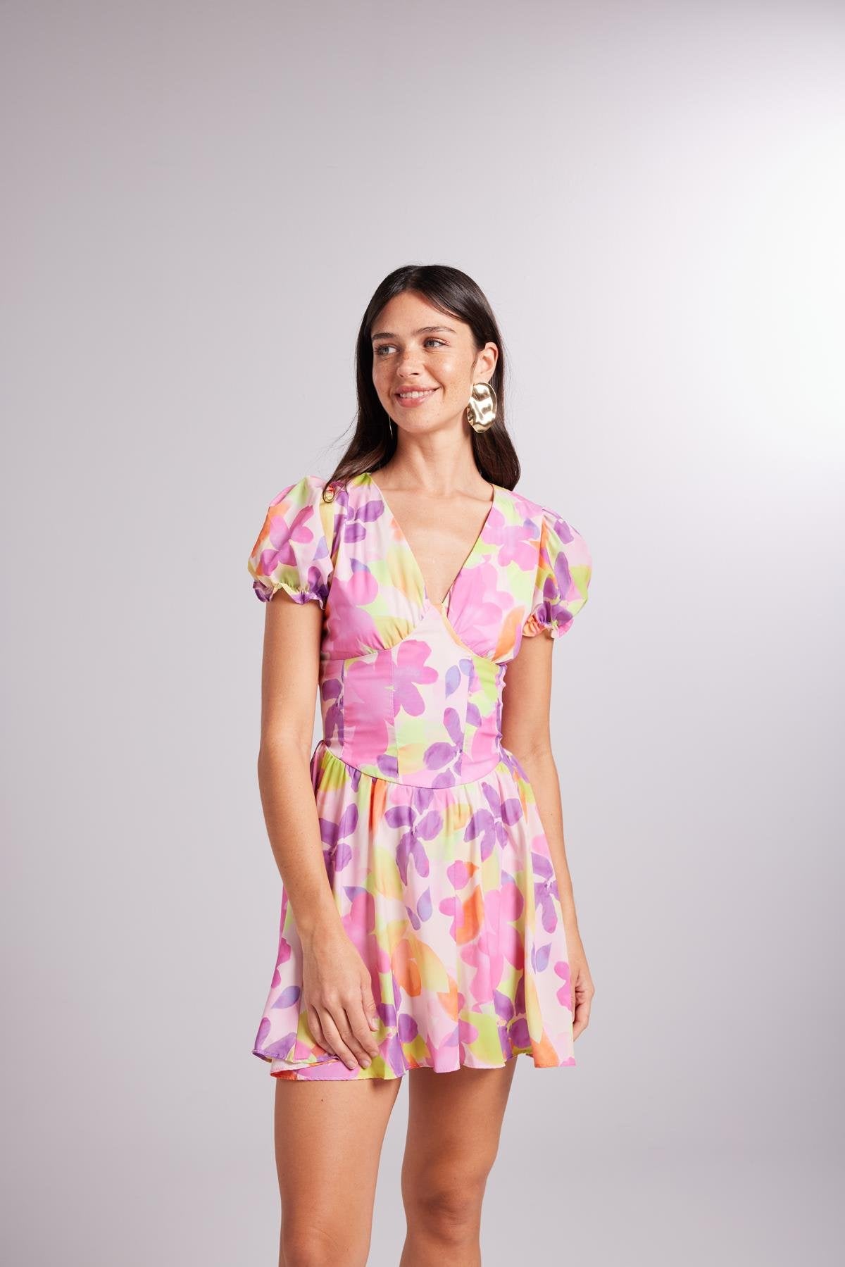 Beli Korse Detaylı Çiçekli Mini Manica Elbise Pembe