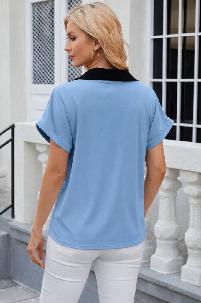 Women's Short Sleeve V-Neck Sandy Blouse with Front Stripe Detail