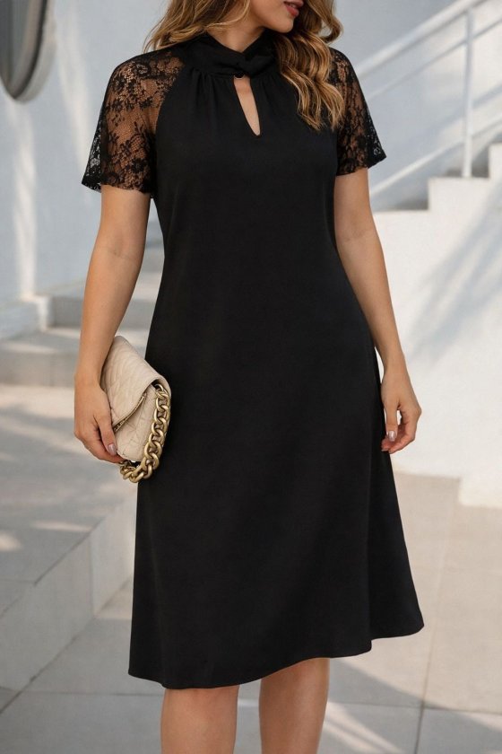 Women's Short Sleeve Interlocking Tie Neck Detail Midi Ruffled Crepe Dress