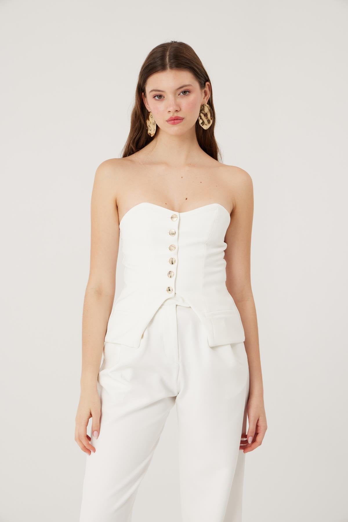 Düğmeli Straplez Kesim Harvey Bluz Beyaz Beyaz XS