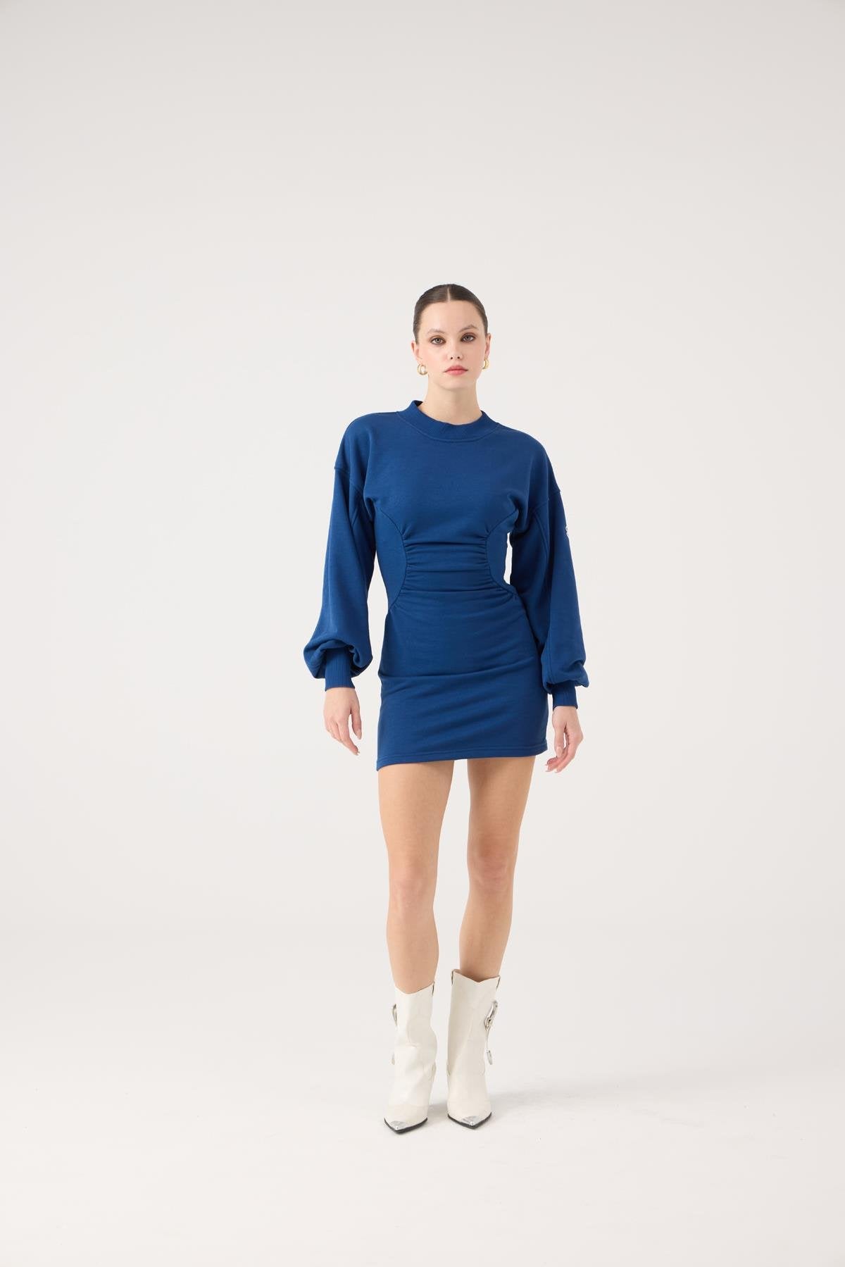 Belden Oturmalı Mini Nancy Elbise Mavi Mavi L