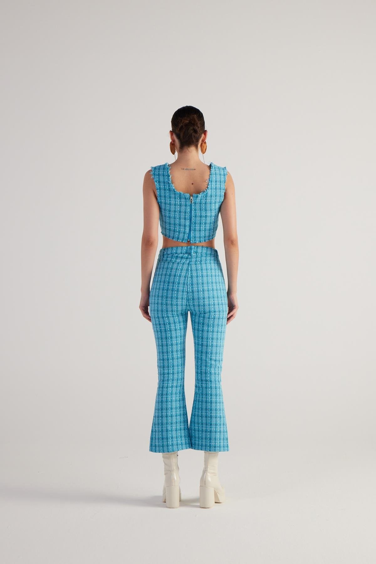 İspanyol Kesim Tüvit Tweed Pantolon Mavi