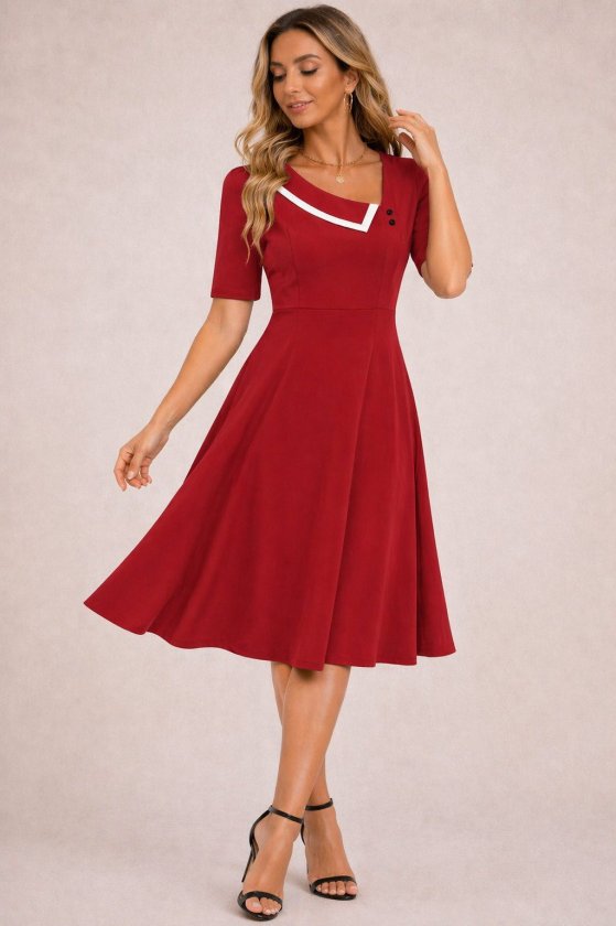 Women's Short Sleeve Asymmetric Collar Detailed Midi Ruffle Crepe Dress