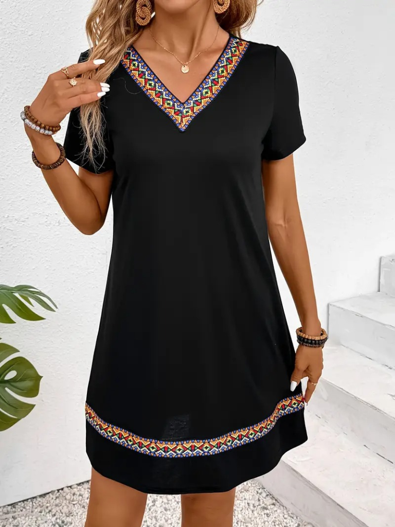 Women's Short Sleeve V Neck Ethnic Pattern Stripe Detail Viscose Dress