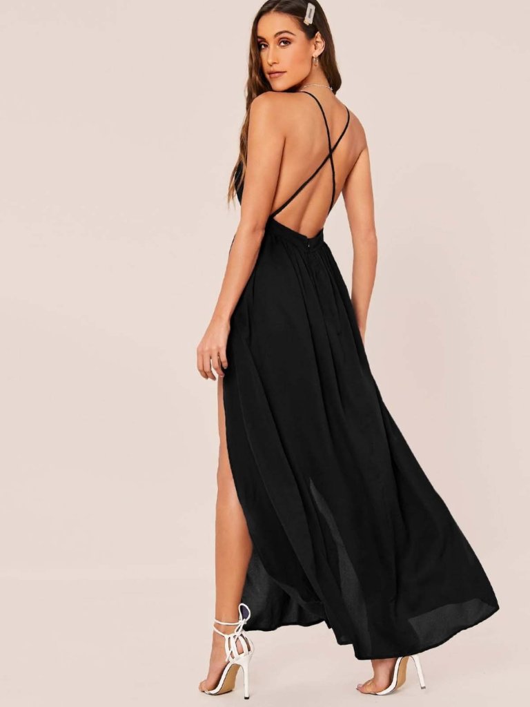 Women's Strap Wrap Slit Detail Local Crepe Long Dress