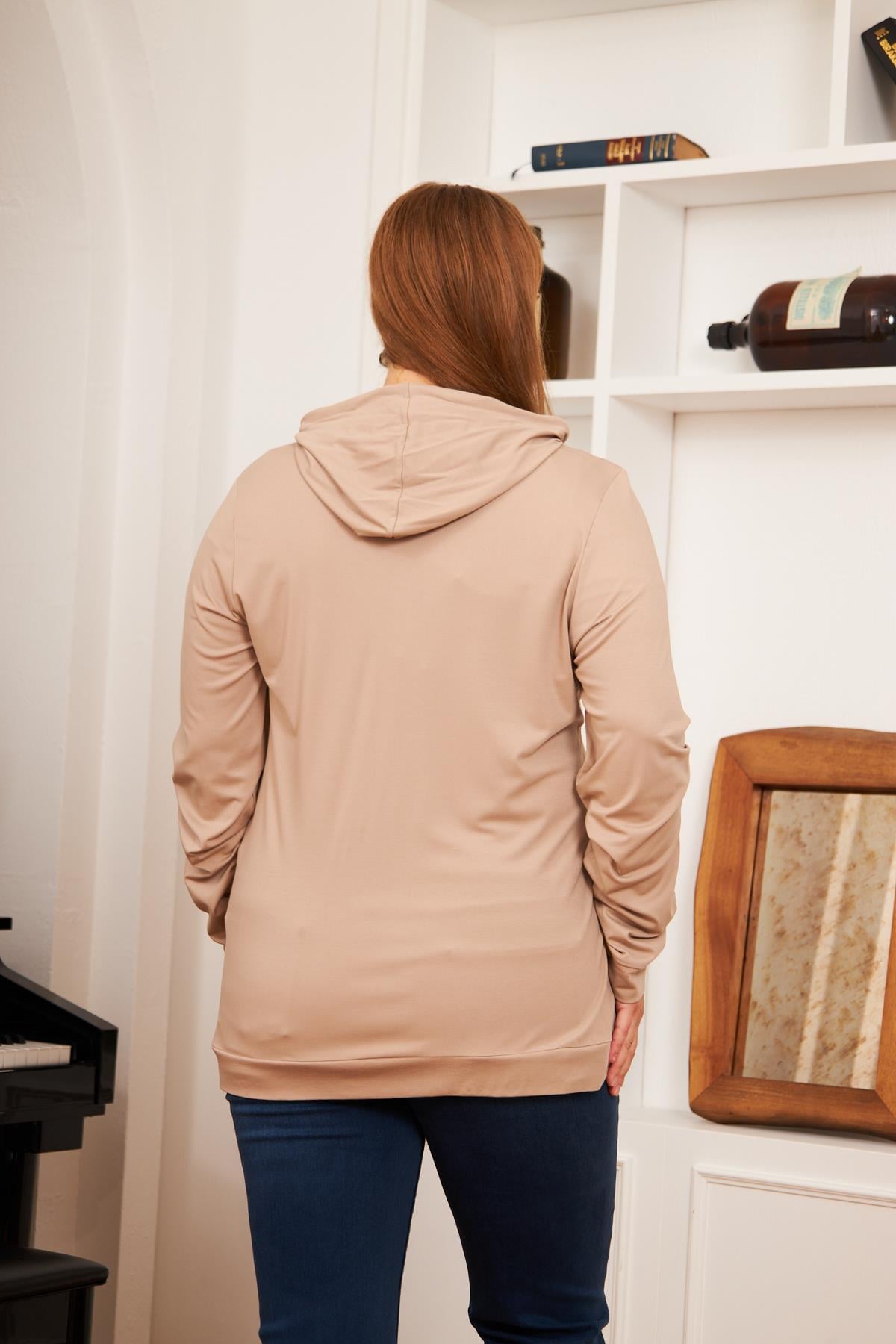 Büyük Beden Modal Sweatshirt Hırka Vizon