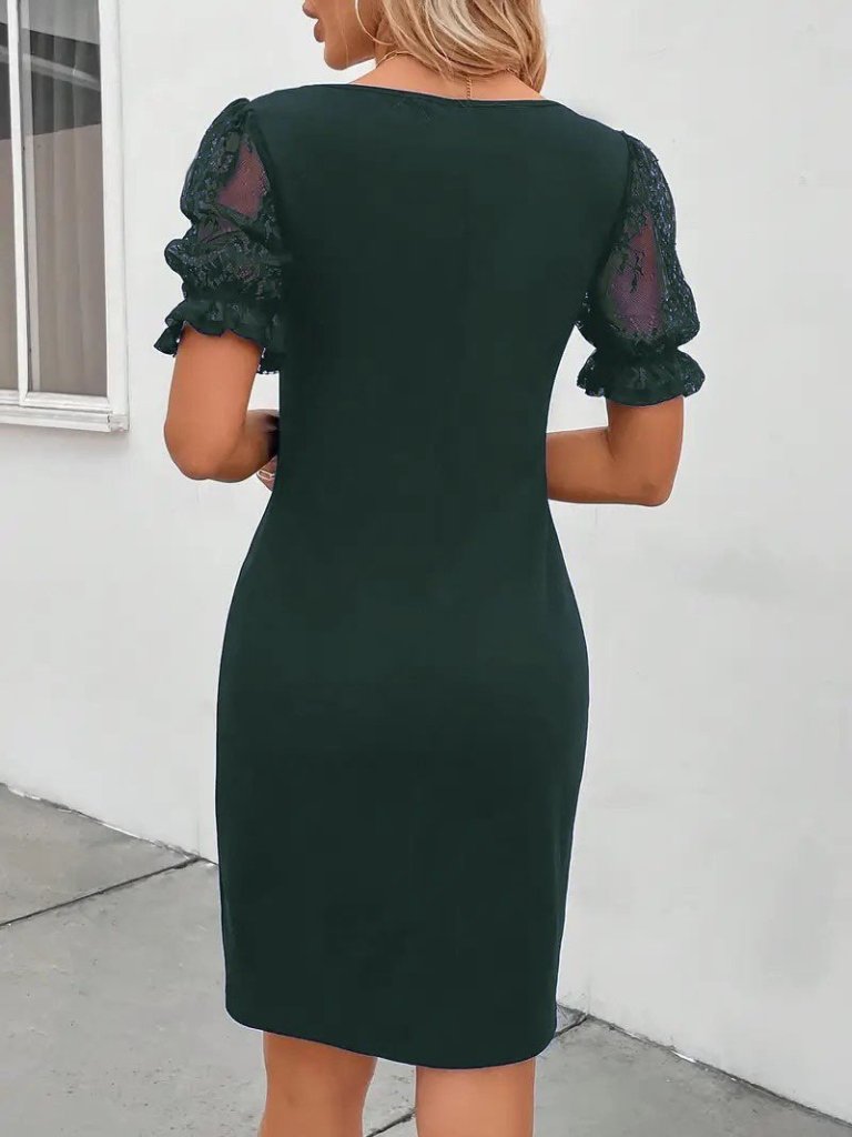 Women's Short Sleeve Lace V Neck Side Gathered Cross Detail Imported Crepe Dress