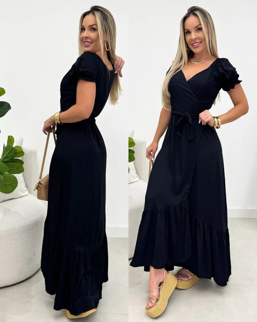 Women's Short Sleeve Front Wrap Detailed Long Tricot Dress