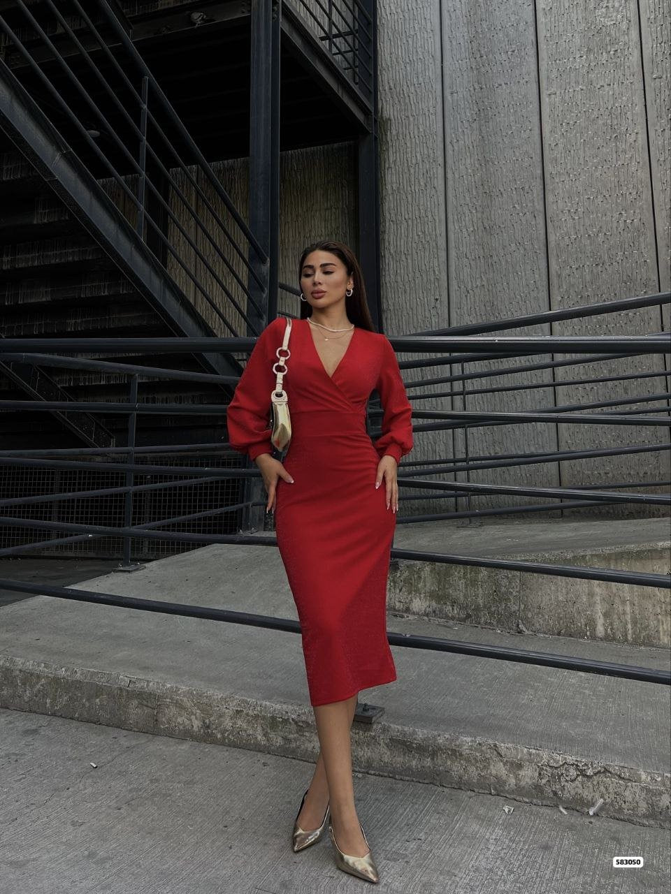 Women's Wrap Neck Balloon Sleeve Glitter Crepe Fabric Midi Dress