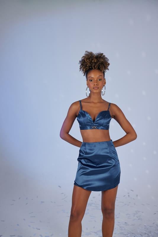 Mini Boy Fermuarlı Saten Fancy Etek Lacivert