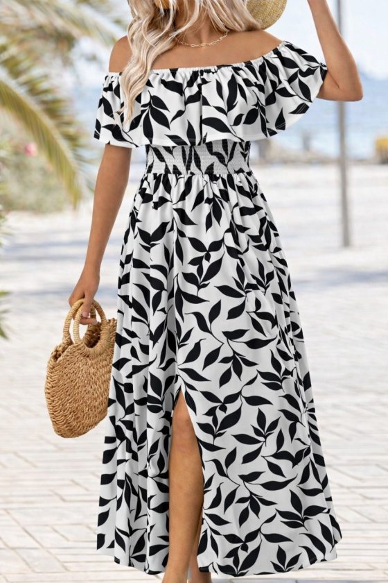 Women's Madonna Collar, Chest Elastic, Slit, Long Patterned Supreme Dress