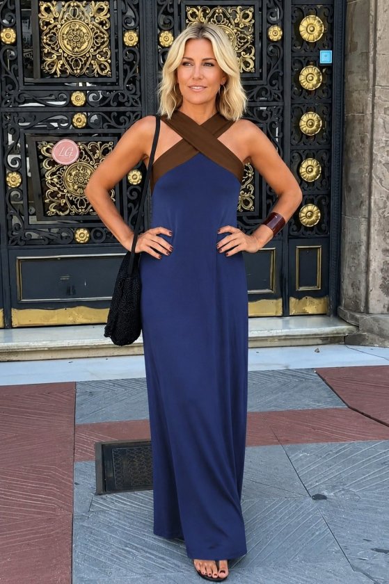 Women's Front Cross Detail Two-Tone Long Viscose Dress