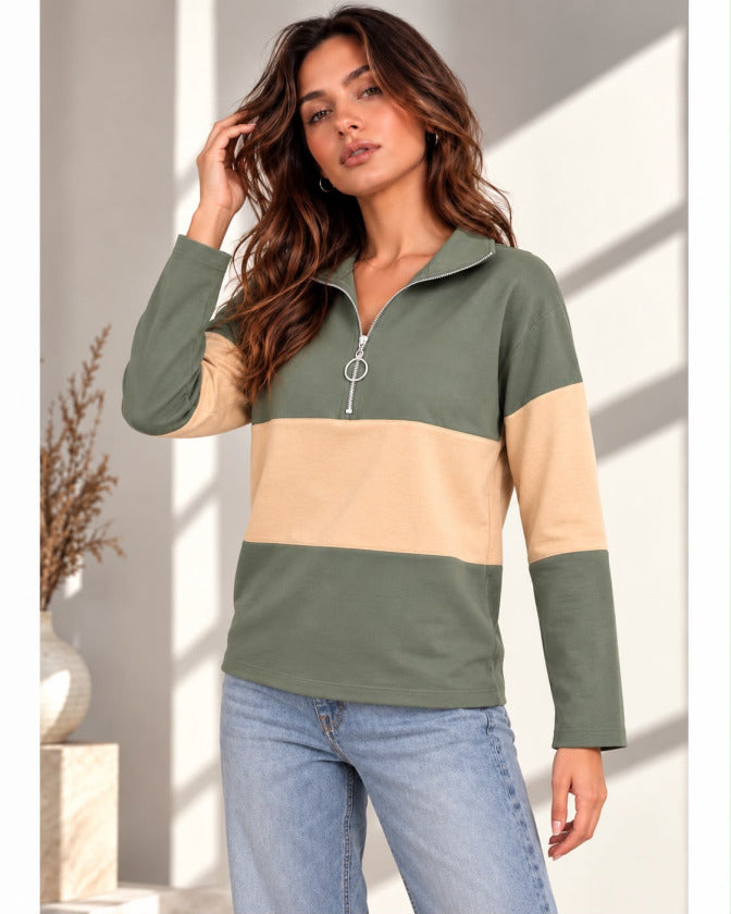 Kadın Fermuarlı Yaka Renk Bloklu Sweatshirt / Üst