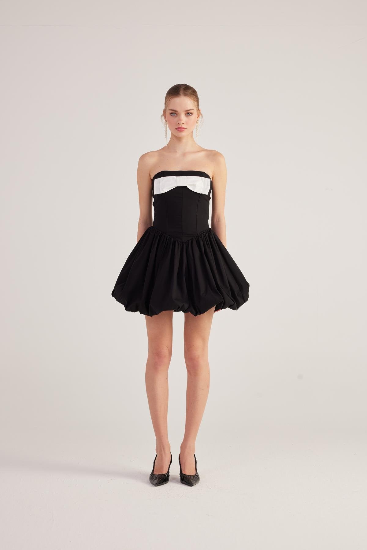 Balon Etekli Kurdelalı Mini Martha Elbise Siyah Siyah L