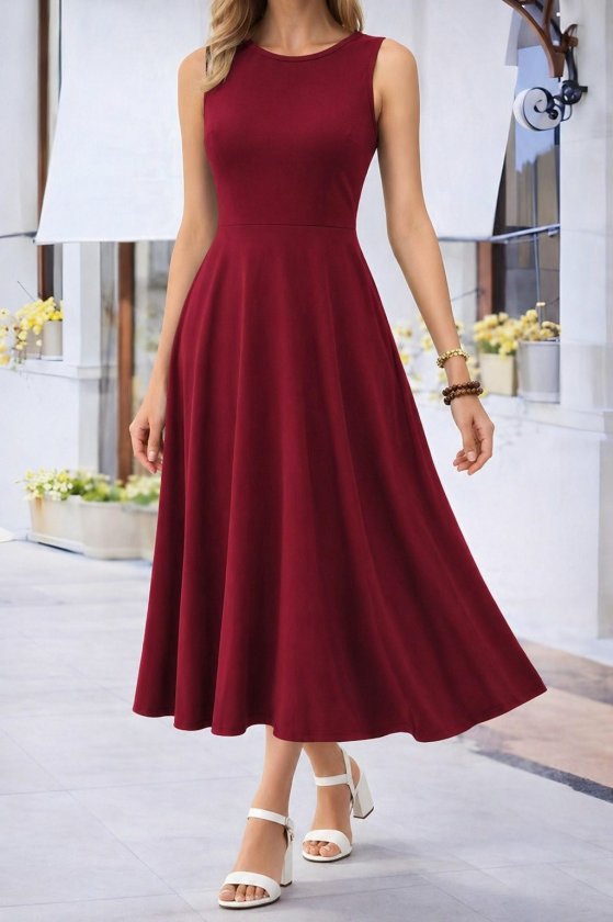 Women's Off-Shoulder Boat Neck Flared Midi Viscose Dress