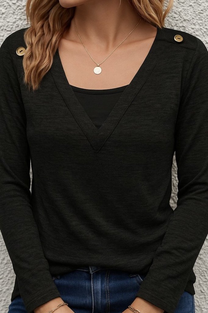 Women's Long Sleeve V-Neck Button Detail Soft Blouse