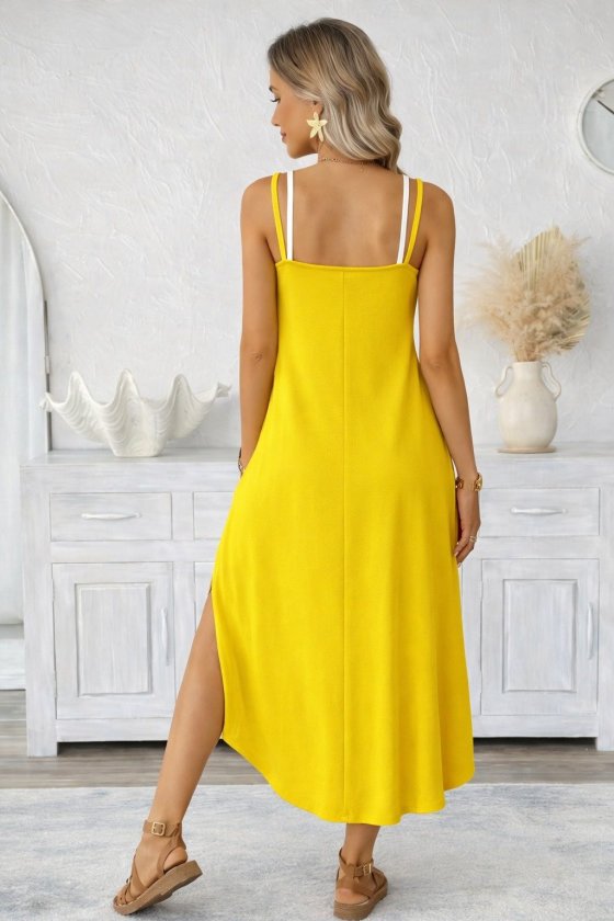Women's Spaghetti Strap Round Neck Pocket Long Viscose Dress