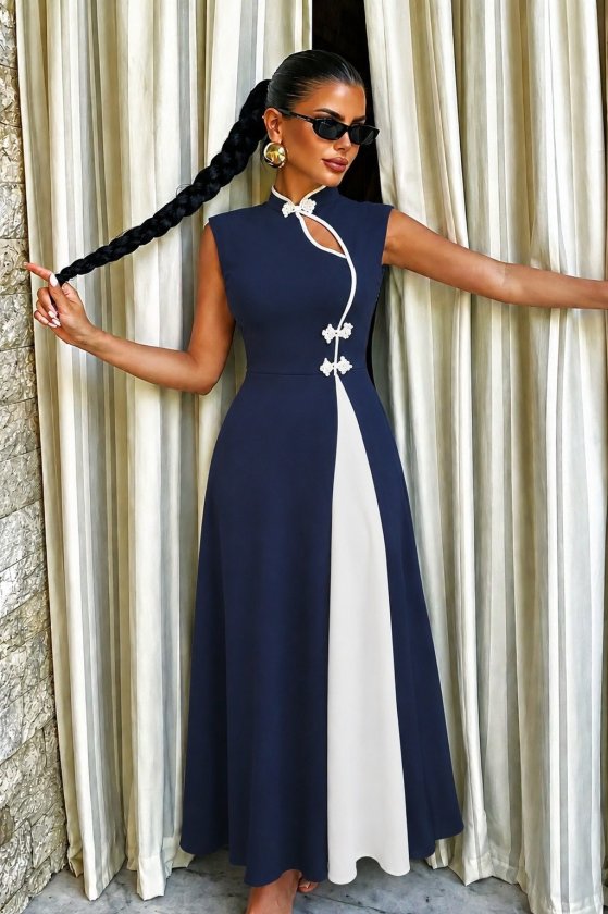 Women's Sleeveless Stand Collar Drop Detail Chinese Button Long Ruffled Crepe Dress